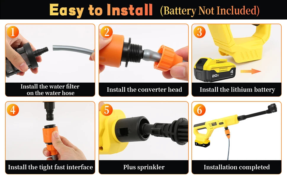 Cordless Garden Irrigation Cleaning Tool Compatible with Dewalt 20V Battery 6 IN 1 High Pressure Car Washer Gun