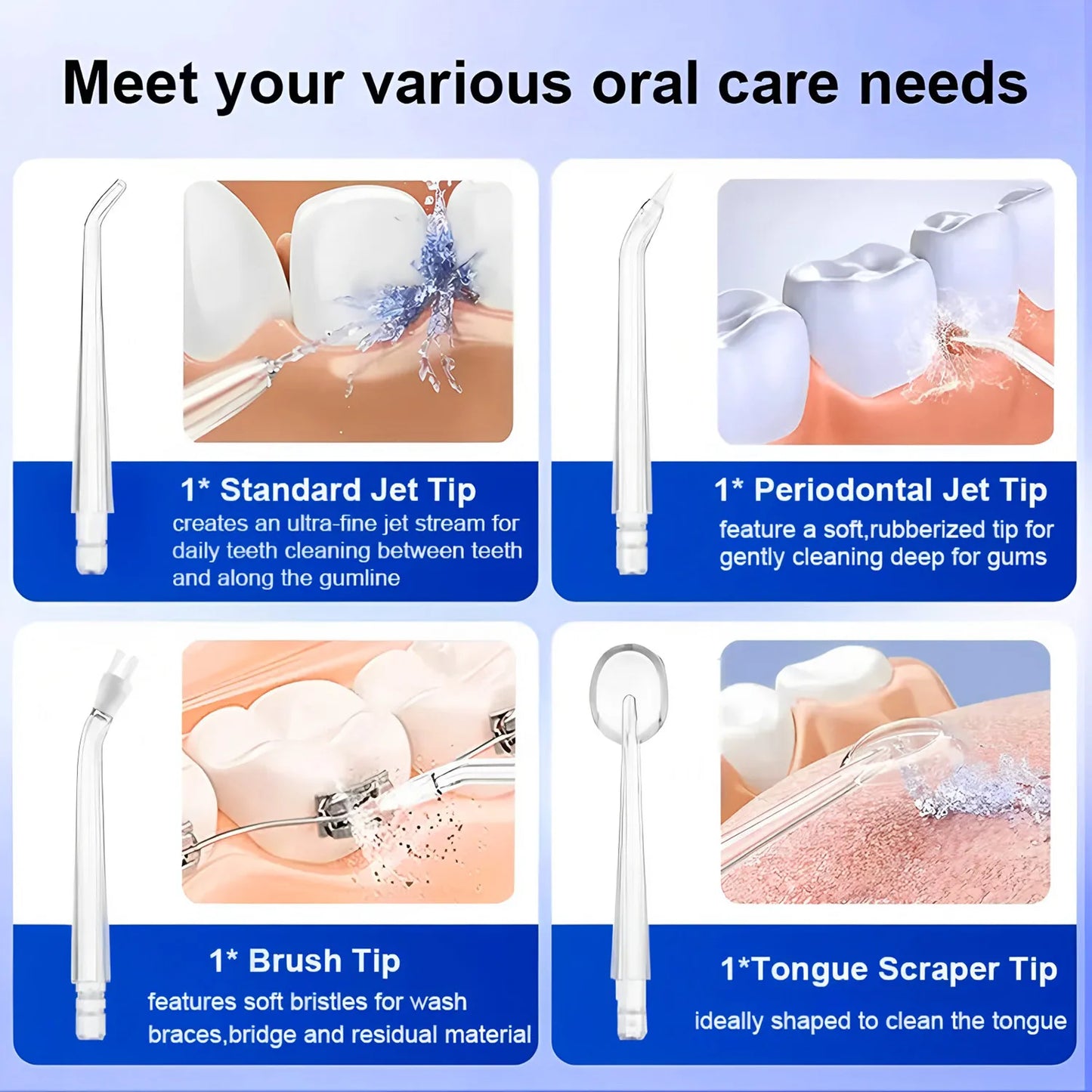 A16 Portable Cordless Water Flosser 3 Cleaning Modes Waterproof Rechargeable 4 Nozzles Dental Cleaner for Gum Health