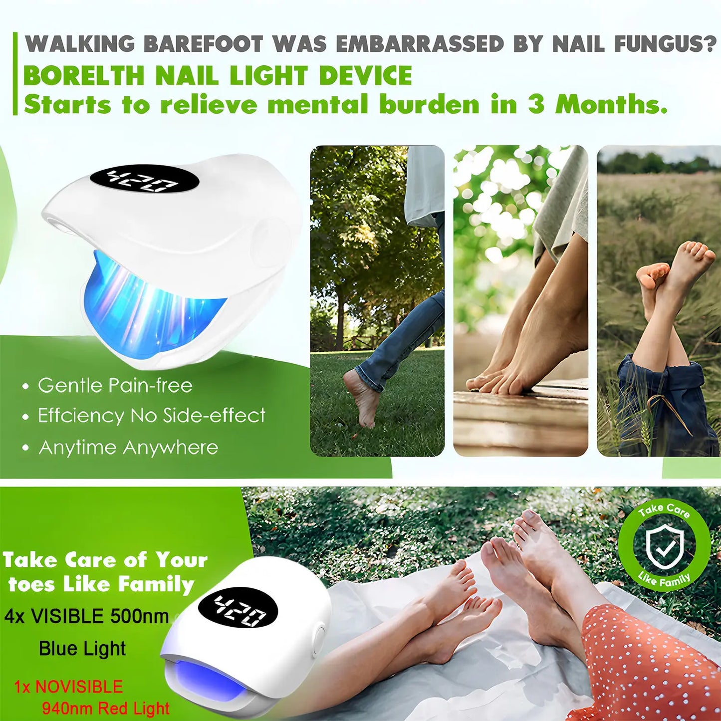 USB Charging Nail Fungus Treatment Device - 940nm Infrared & 500nm Blue Light LED Laser