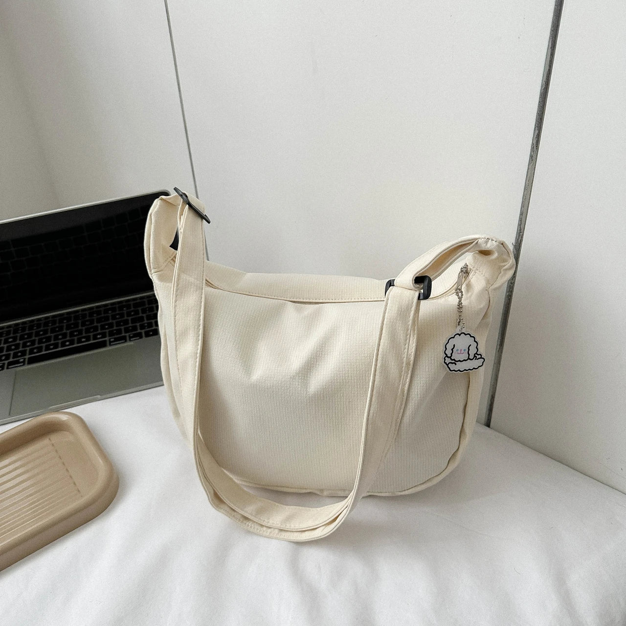 Minimalist Crossbody Bag with Puppy Pendant - Spacious & Stylish Scratch-Resistant Nylon Shoulder Bag for Daily Essentials