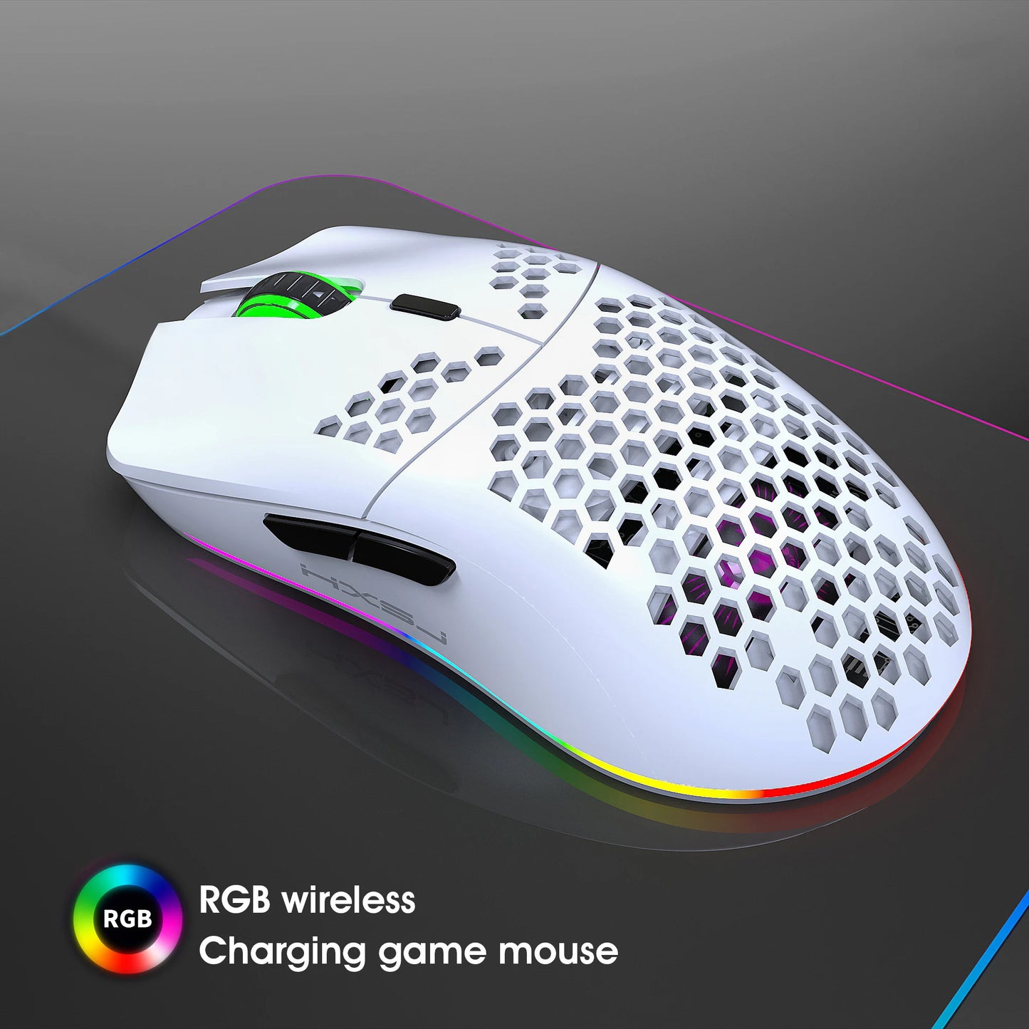 Wireless Mouse 2.4G with Built-in Rechargeable Battery, RGB Lighting, Honeycomb Design, Plug-and-Play USB