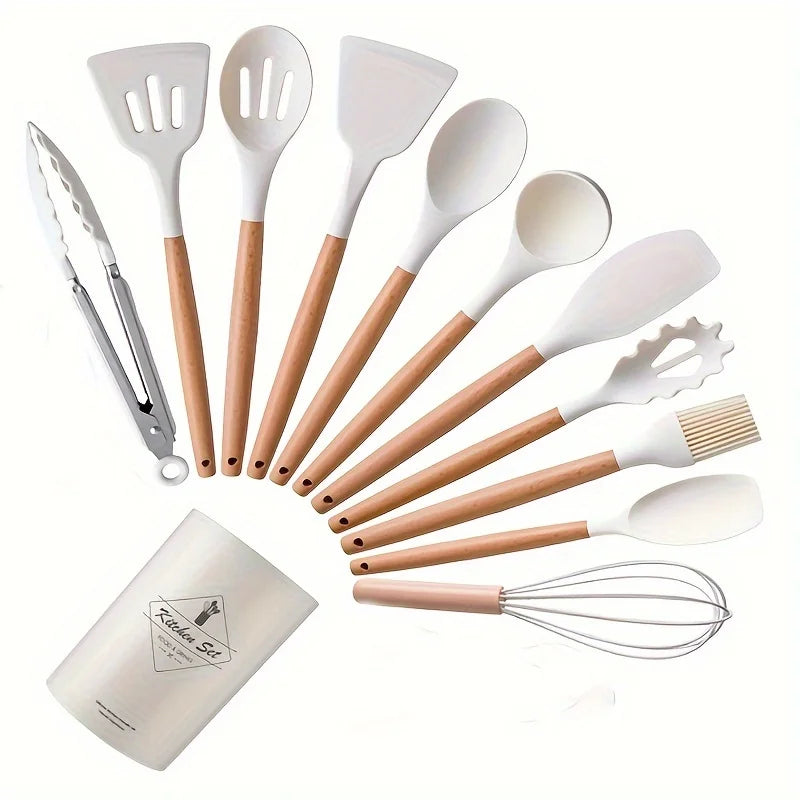 Kitchen Silicone Cooking Utensils, 12 Pc Kitchen Utensil Set, Wooden Kitchen Utensils, Kitchen Gadgets and Spatula Set
