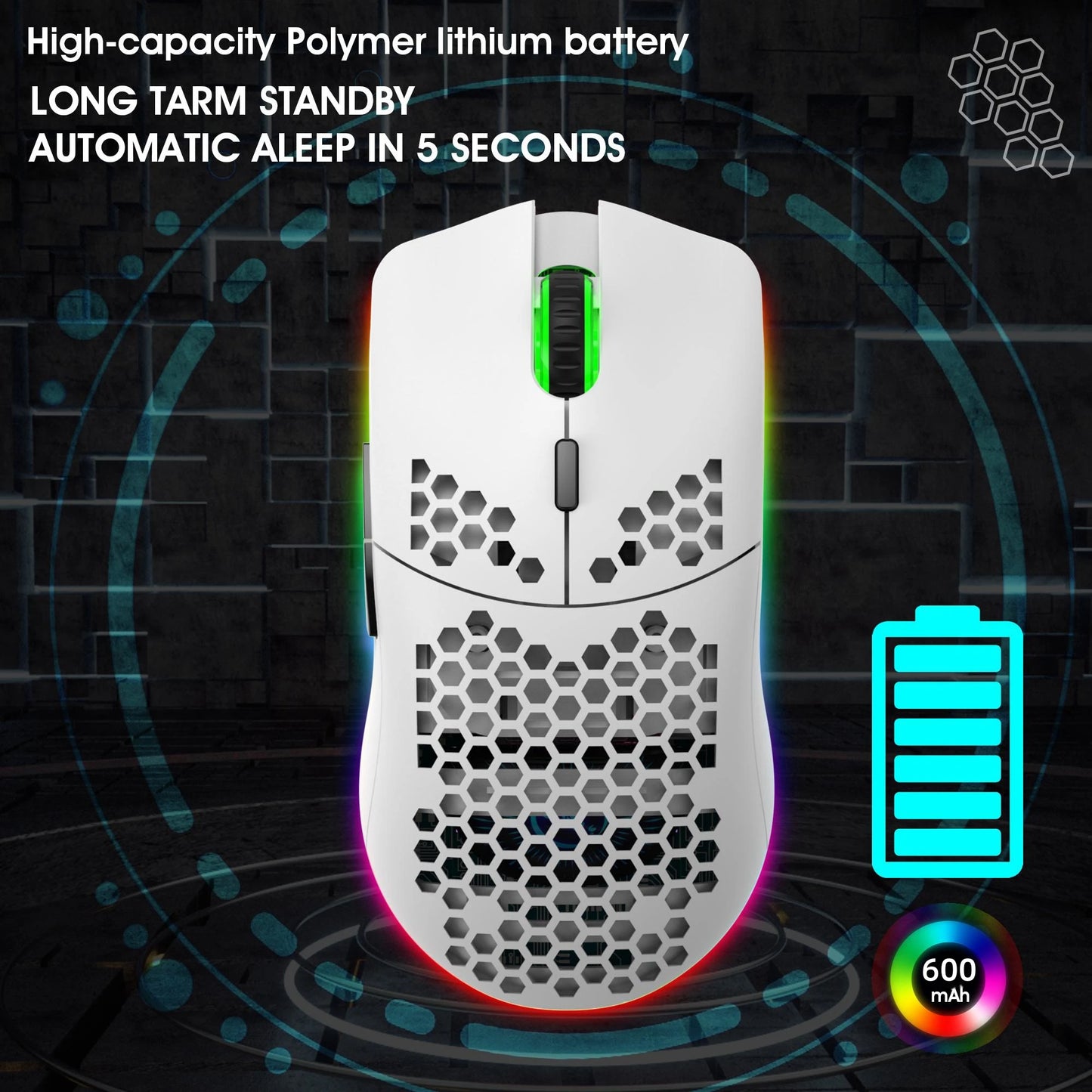 Wireless Mouse 2.4G with Built-in Rechargeable Battery, RGB Lighting, Honeycomb Design, Plug-and-Play USB