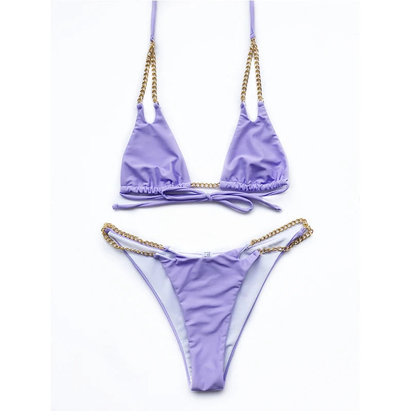 Sexy Halter Metal Chains Brazilian Bikini 2025 Women Swimsuit Female Swimwear Two Pieces Bikini Set Bathing Suit Swim Beach Wear