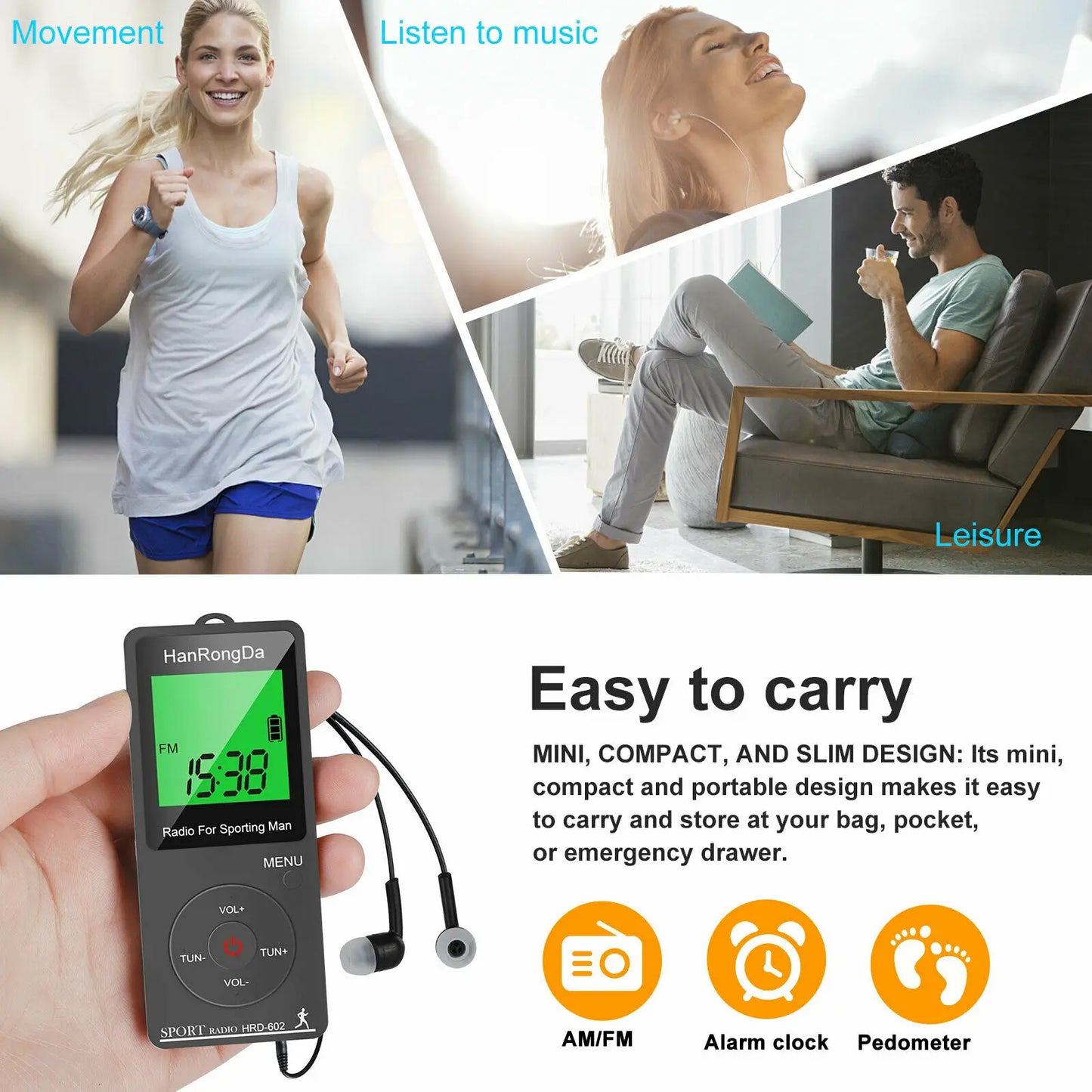 Portable  AM FM Mini Radio LED Display with Pedometer Headphones Digital Tuning Sports Radio for Running Walking Pocket Radio