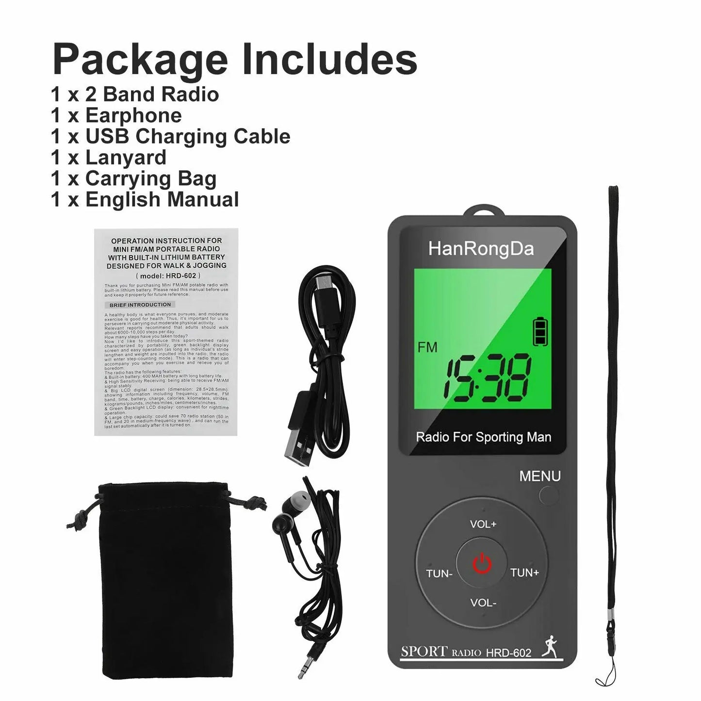 Portable  AM FM Mini Radio LED Display with Pedometer Headphones Digital Tuning Sports Radio for Running Walking Pocket Radio