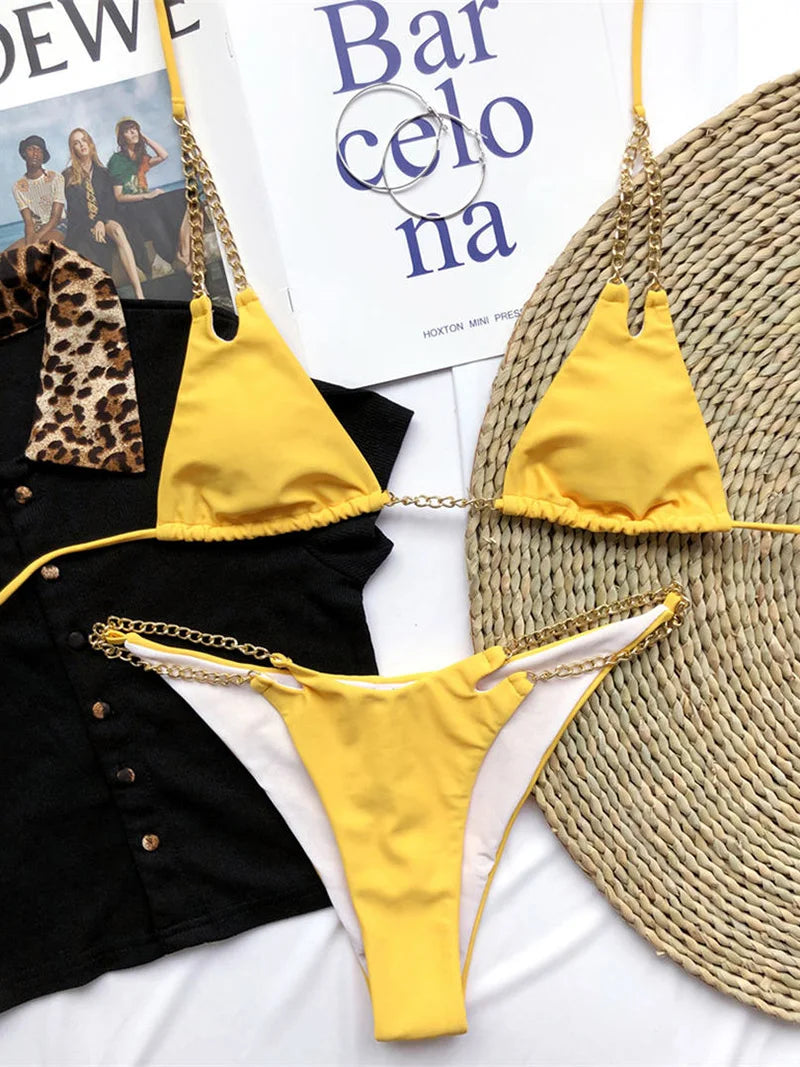 Sexy Halter Metal Chains Brazilian Bikini 2025 Women Swimsuit Female Swimwear Two Pieces Bikini Set Bathing Suit Swim Beach Wear