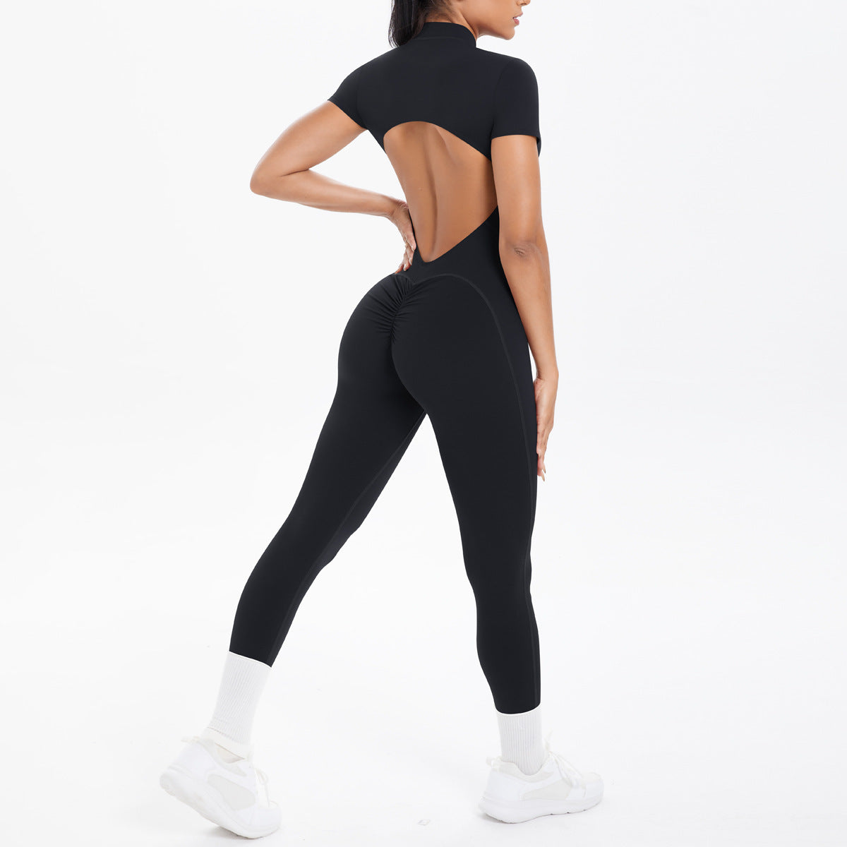 Sexy Backless Bodycon Scrunch Jumpsuit Raises Butt Women Dance Fitness Overalls Push Up