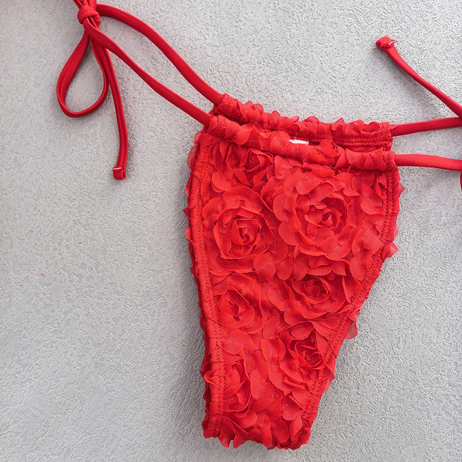 Women's Sexy 3 Piece Bikini Set 3D Flower Beach Skirt Swimsuit Pure Pink Triangle Halter Backless Thong Swimwear 2025 Summer New