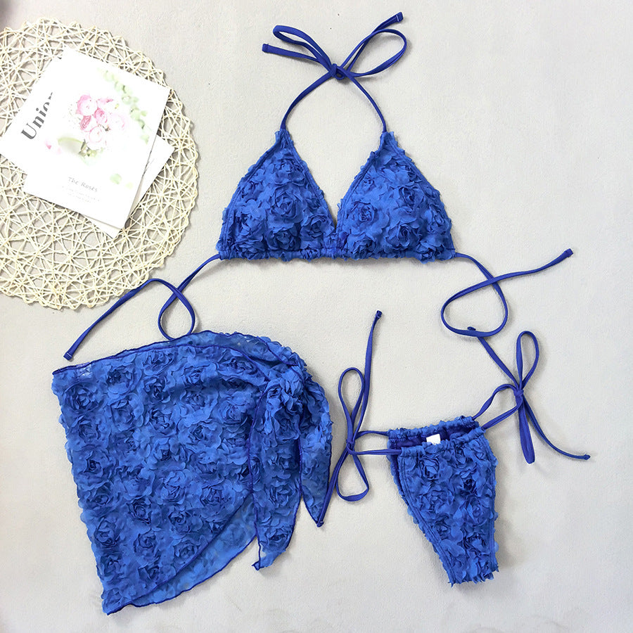 Women's Sexy 3 Piece Bikini Set 3D Flower Beach Skirt Swimsuit Pure Pink Triangle Halter Backless Thong Swimwear 2025 Summer New