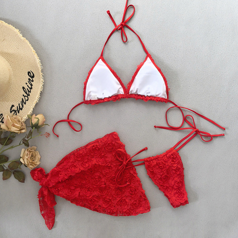 Women's Sexy 3 Piece Bikini Set 3D Flower Beach Skirt Swimsuit Pure Pink Triangle Halter Backless Thong Swimwear 2025 Summer New