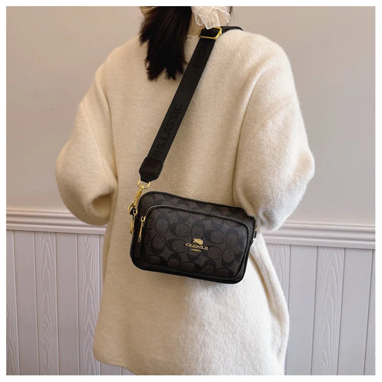 Original Circular-Pattern Logo Crossbody: Retro-luxury, durable fabric, adjustable strap. Ideal for daily/work/social use