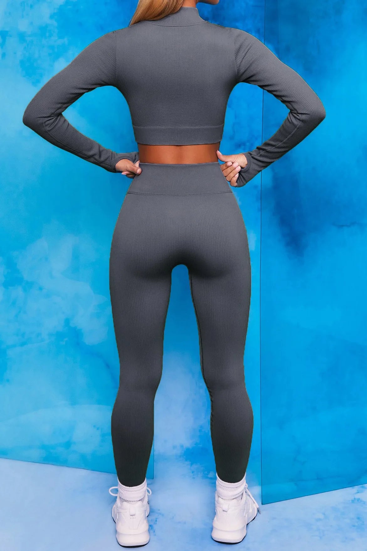 Women's Seamless Ribbed Yoga Set - Chest Zipper Long Sleeve Drawstring Pants Running Fitness Outfit