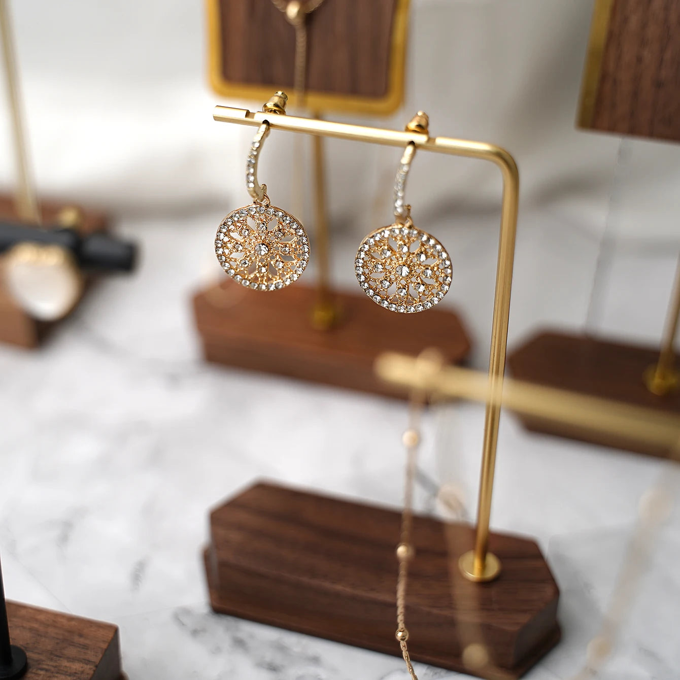 Multi - Use Jewelry Display Rack, Walnut Base Gold/Black Metal Top Rated Holder for Earrings/Necklaces, Loved by Boutique Owners