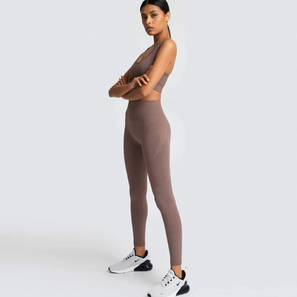 Women's Seamless Yoga Set Fitness Crop Top & Tummy Control High Waist Leggings with Built-in Bra Workout