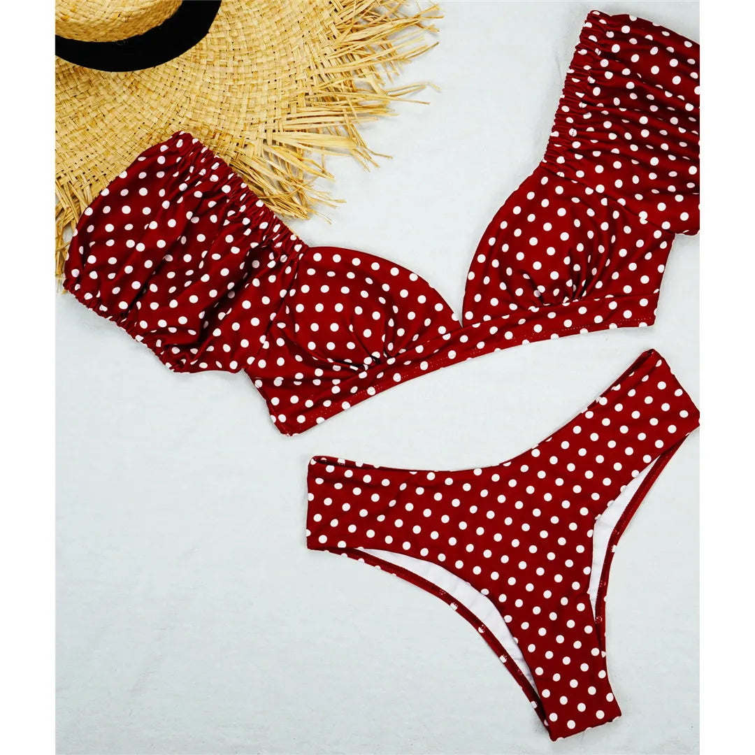 NEW Sexy Polka Dots V Neck Mid Waist Bikini Female Swimsuit Women Swimwear Two-pieces Bikini set Bather Bathing Suit Swim V1909