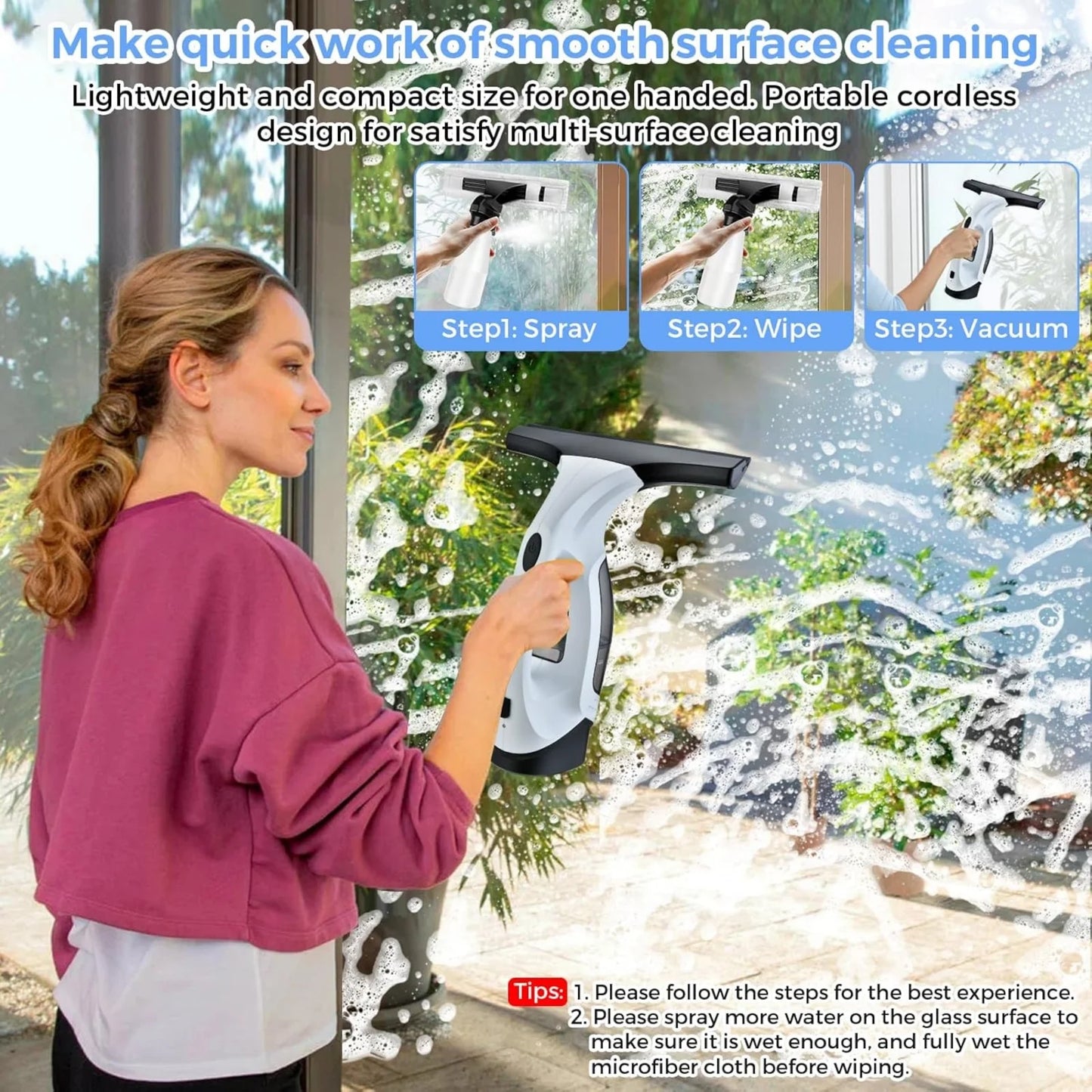 Cordless Window Vacuum Cleaner Rechargable 3-in-1 Spray/Clean/Suck Window Cleaning Tool Set for Showers Mirrors Tiles Home Use