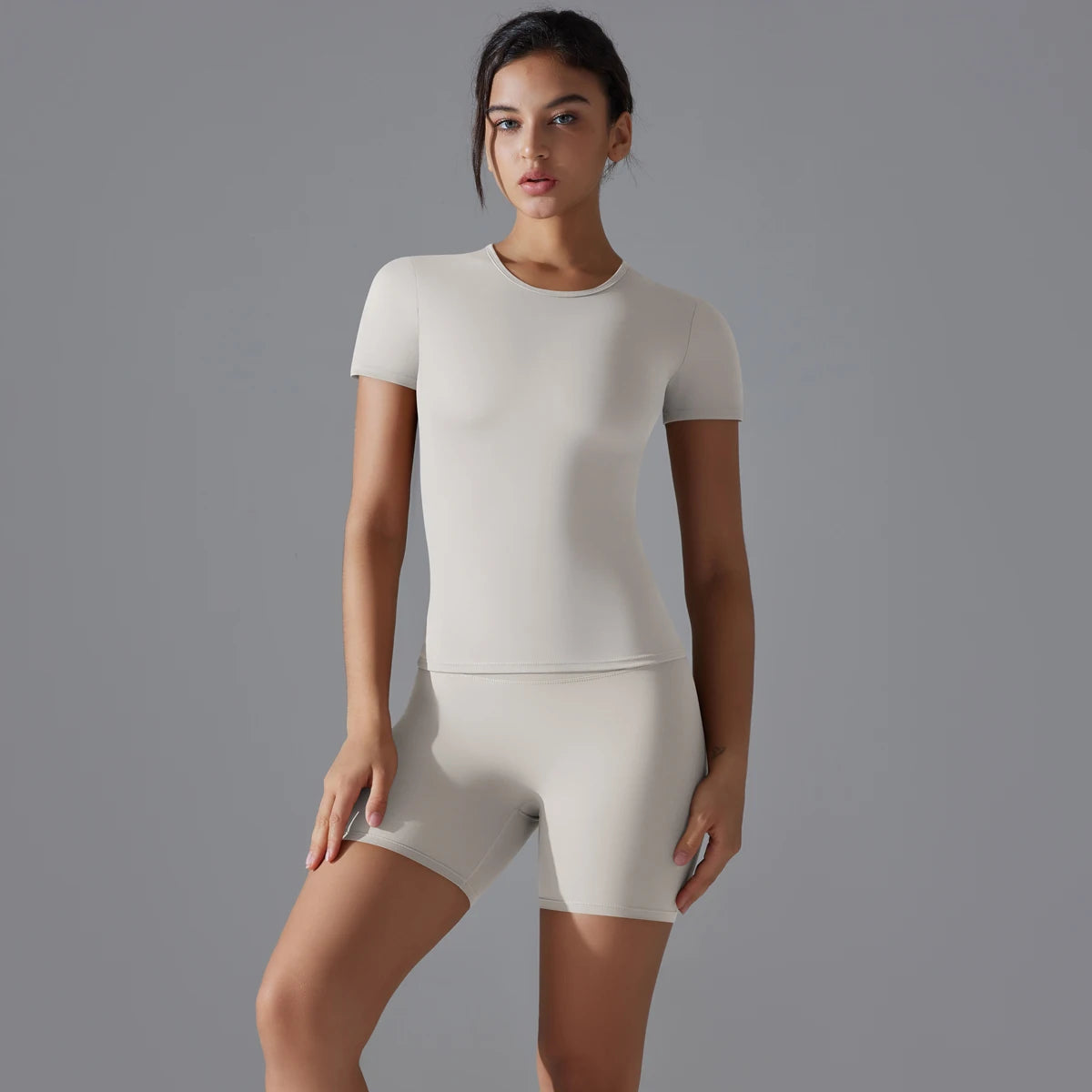 Yoga Set Women Sports Short Sleeve Top With High Waist Leggings