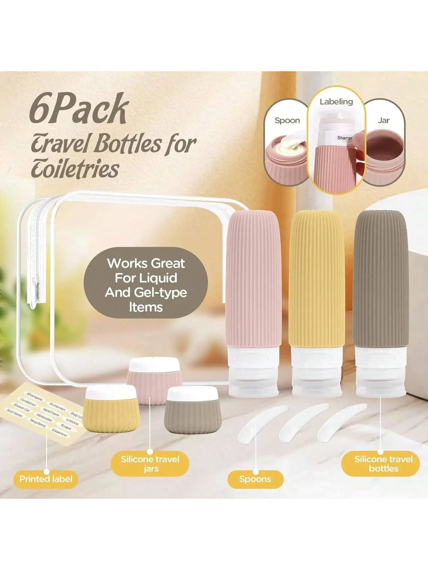 Travel Essentials Bottle Set of 6, Tsa Approved Travel Toiletry Container Set, 3 Silicone Leak-Proof Refillable Bottles and 3 Cream Jar Accessories Kit, Essential for Cruises and Travel Season