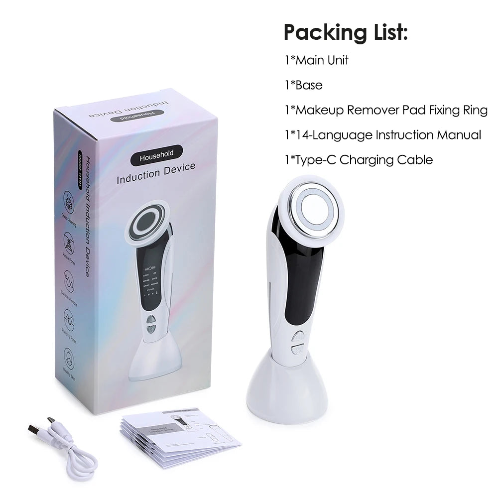 7 in 1 EMS Facial Massager Face Beauty Instrument with Induced Vibration and Hot Compress Face Skin Care Tool LED Light Therapy