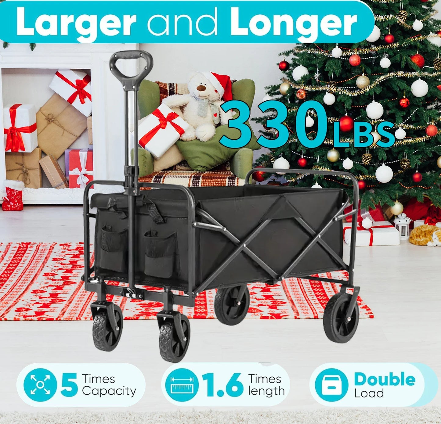 [Heavy Duty] Folding Wagon Cart | Heavy Duty | 360°All Terrain Wheels, Side Pockets, Large Capacity Collapsible | For Camping,