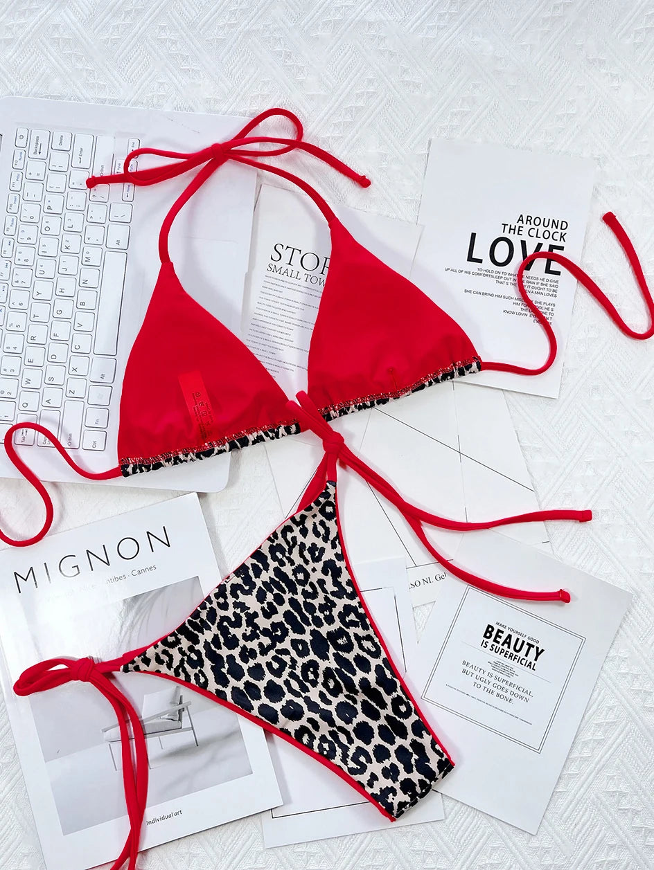 Sexy Leopard Micro Bikini 2023 Women Swimsuit Female Swimwear Thong Bikinis Set Brazilian Halter Beach Wear Lace Up Bathing Suit