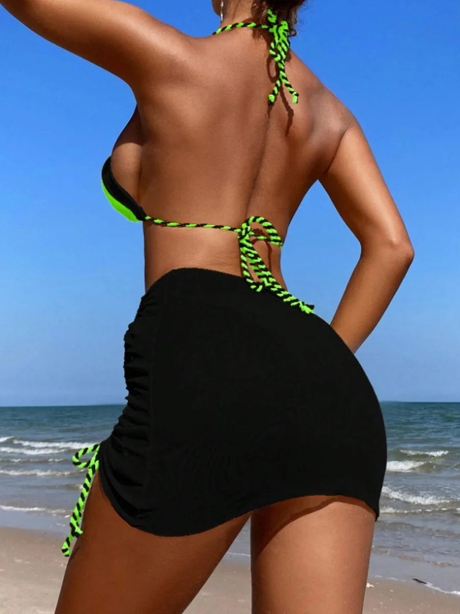 2026 Halter String 3 Piece Bikini Drawstring Skirt Swimsuit Women Swimwear Female Bather Bathing Swimming Swim Suit Beachwear