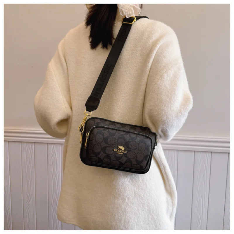 Original Circular-Pattern Logo Crossbody: Retro-luxury, durable fabric, adjustable strap. Ideal for daily/work/social use