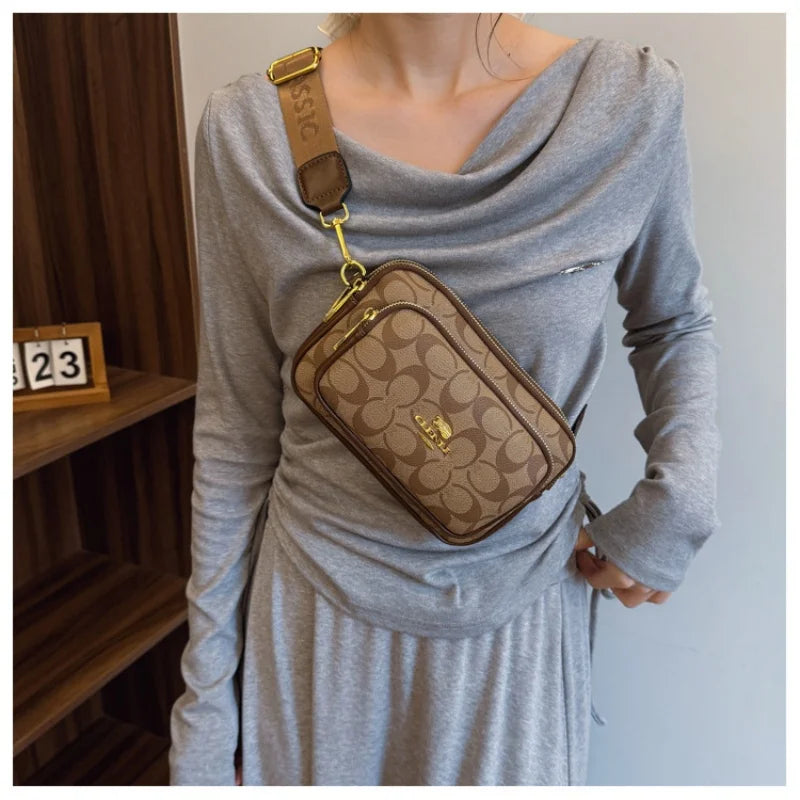 Original Circular-Pattern Logo Crossbody: Retro-luxury, durable fabric, adjustable strap. Ideal for daily/work/social use