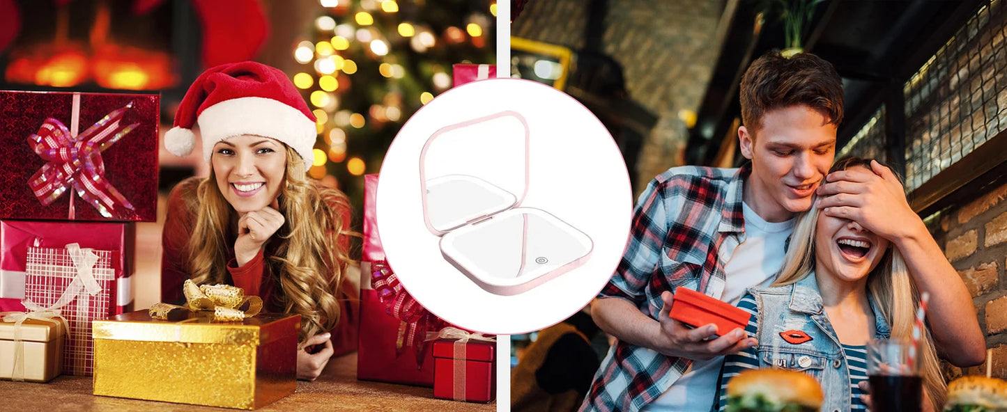 Compact, mini folding cosmetic mirror with lighting, portable, handheld, small pocket travel cosmetic mirror with a magnificatio