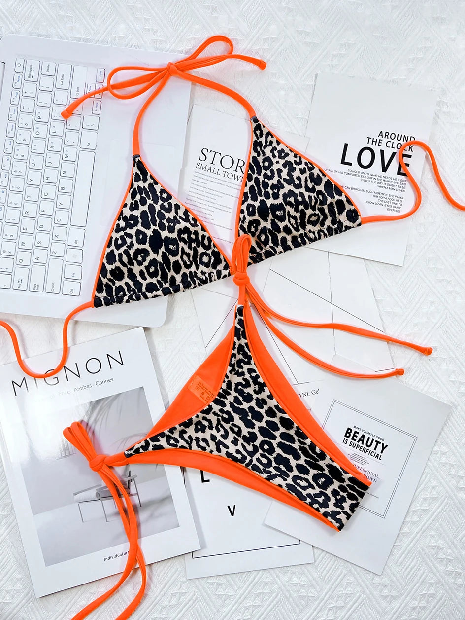 Sexy Leopard Micro Bikini 2023 Women Swimsuit Female Swimwear Thong Bikinis Set Brazilian Halter Beach Wear Lace Up Bathing Suit
