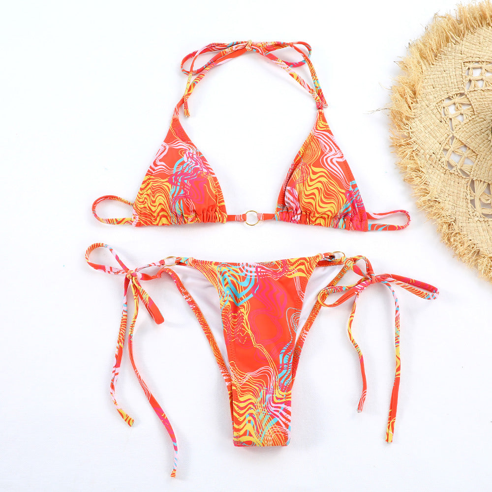 2024 New Sexy Bikini Sets Women Swimwear Printed Halter Lace-Up Thong Swimsuit Women's Bathing Suit biquinis Beachwear