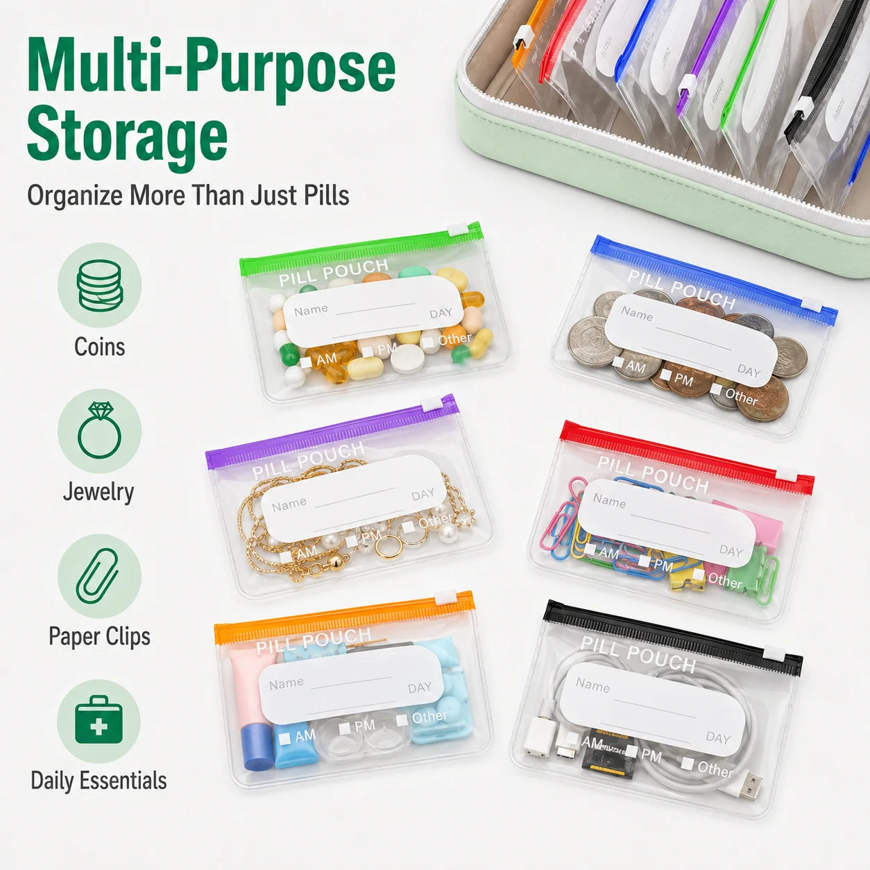 Travel Pill Organizer with 14 Reusable Zipper Pouches, Food Grade Silicone Case for Medicine and Daily Essentials