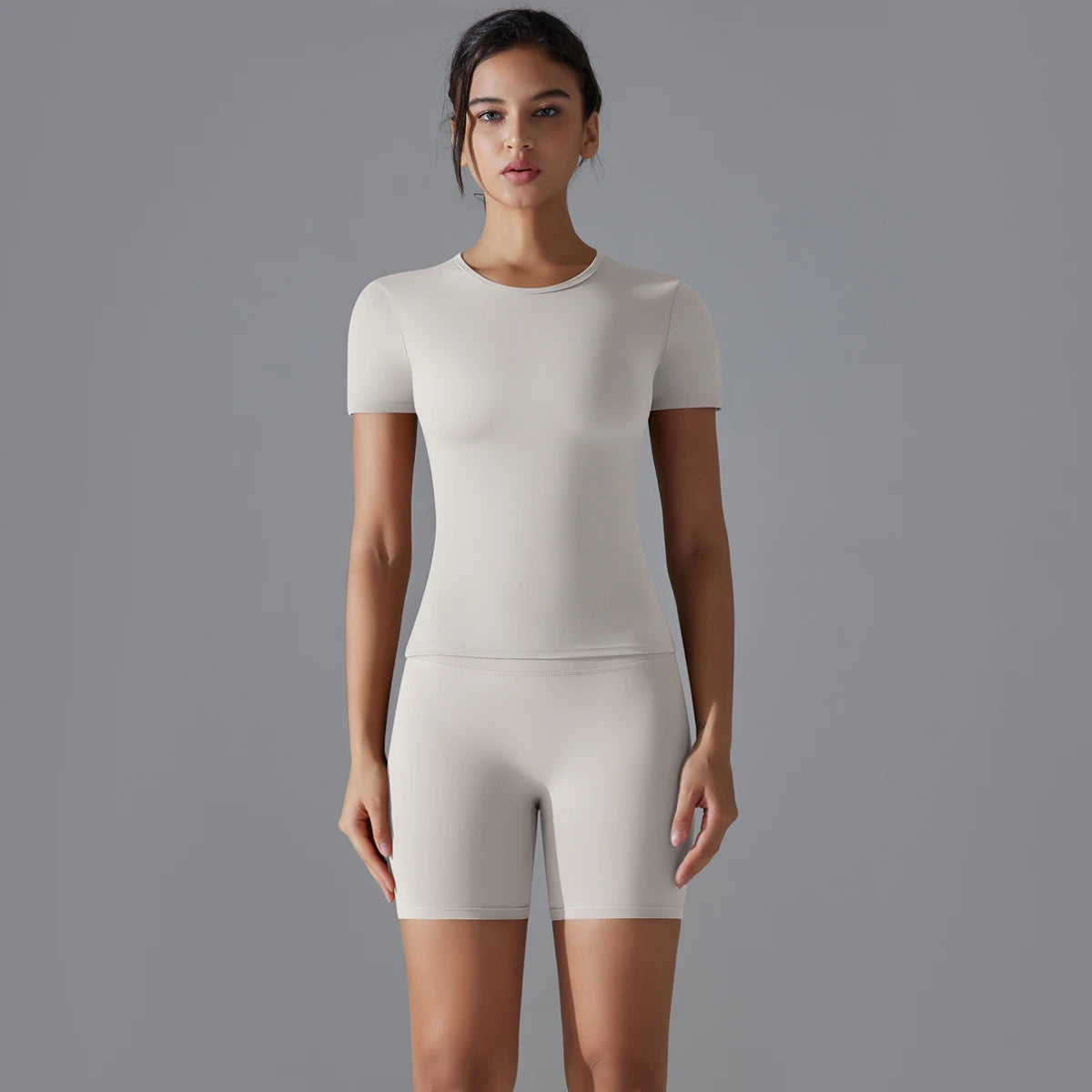 Yoga Set Women Sports Short Sleeve Top With High Waist Leggings