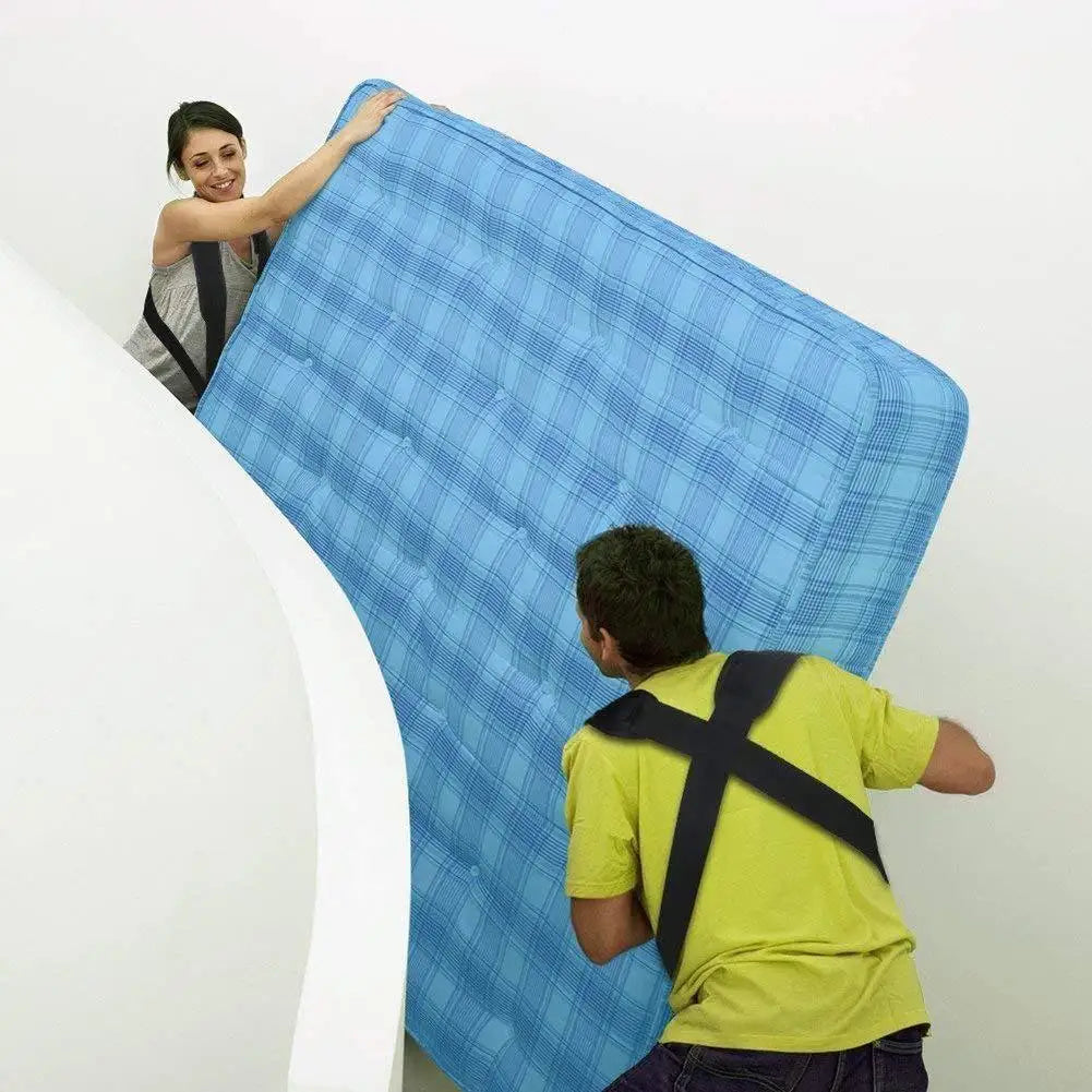 Two people carrying tools, furniture moving and fixing heavy items with heavy-duty moving belts