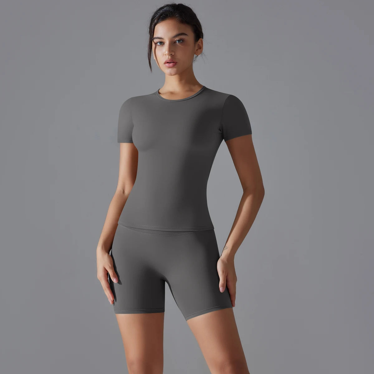 Yoga Set Women Sports Short Sleeve Top With High Waist Leggings