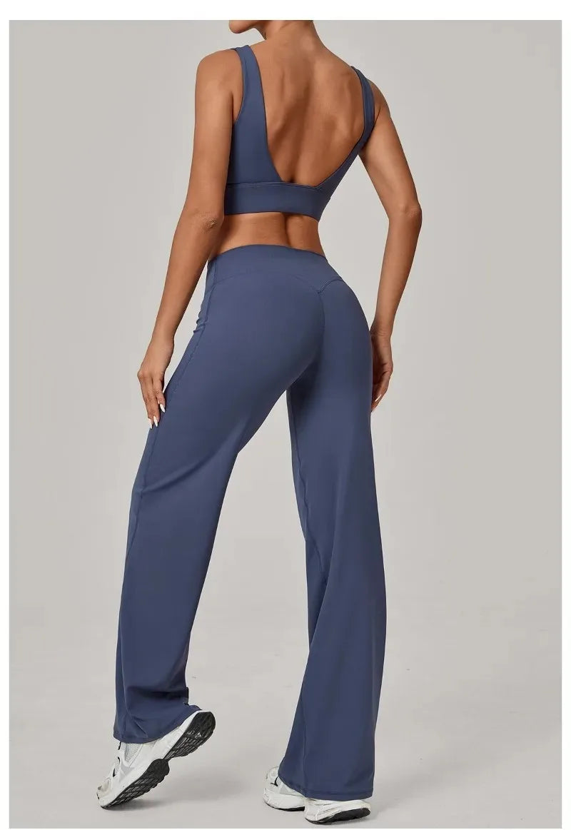 New Women Yoga Set Double Strap Bra Straight Leg Pants Quick Dry Gym Fitness Workout Clothes Outdoor Running Sports Set