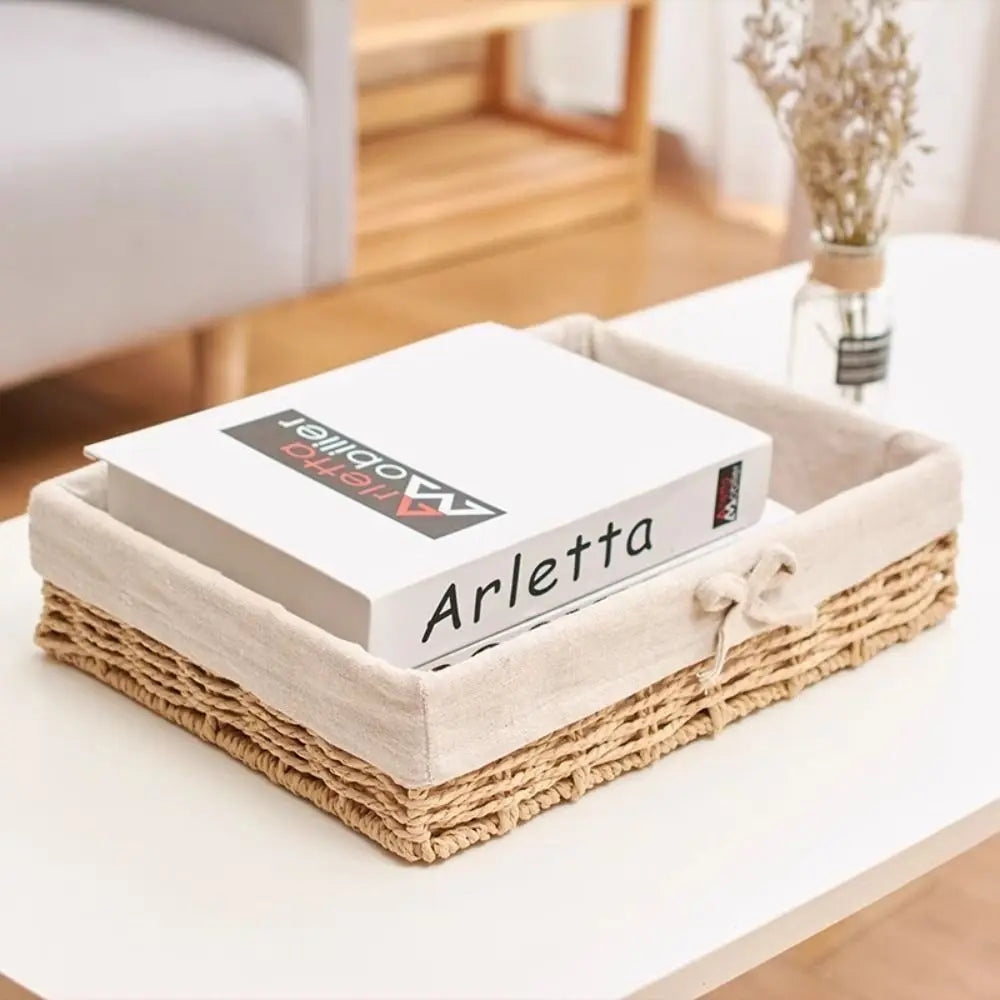 Rectangular Handmade Rattan Storage Baskets French Style Bow Weaving Storage Tray Reusable Bohemian Style Cosmetics Storage Box