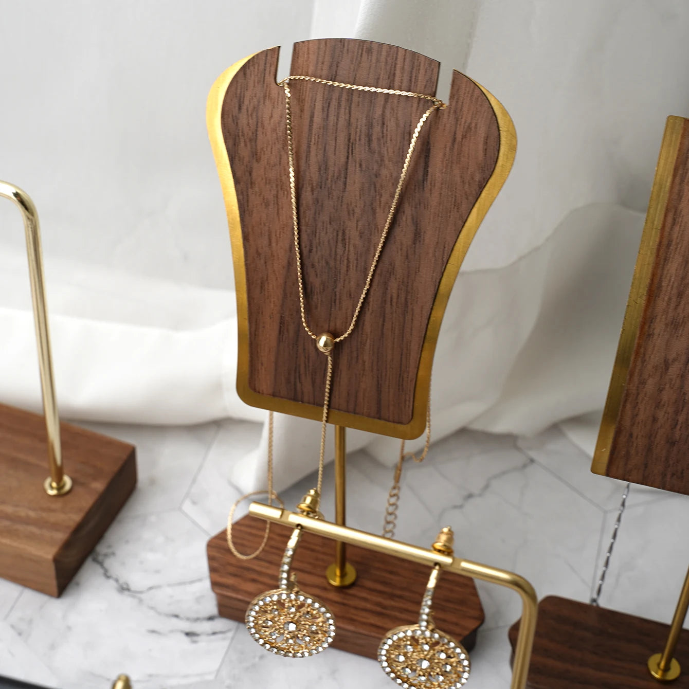 Multi - Use Jewelry Display Rack, Walnut Base Gold/Black Metal Top Rated Holder for Earrings/Necklaces, Loved by Boutique Owners