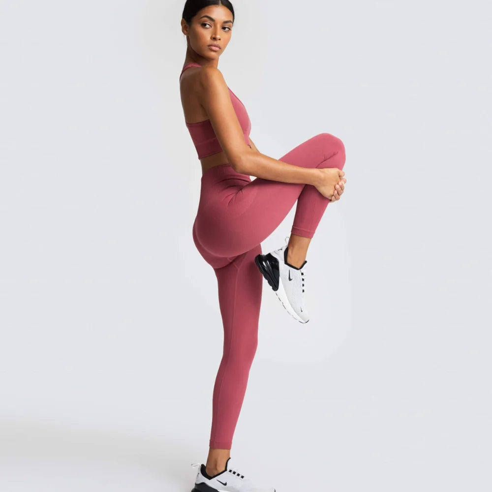 Women's Seamless Yoga Set Fitness Crop Top & Tummy Control High Waist Leggings with Built-in Bra Workout