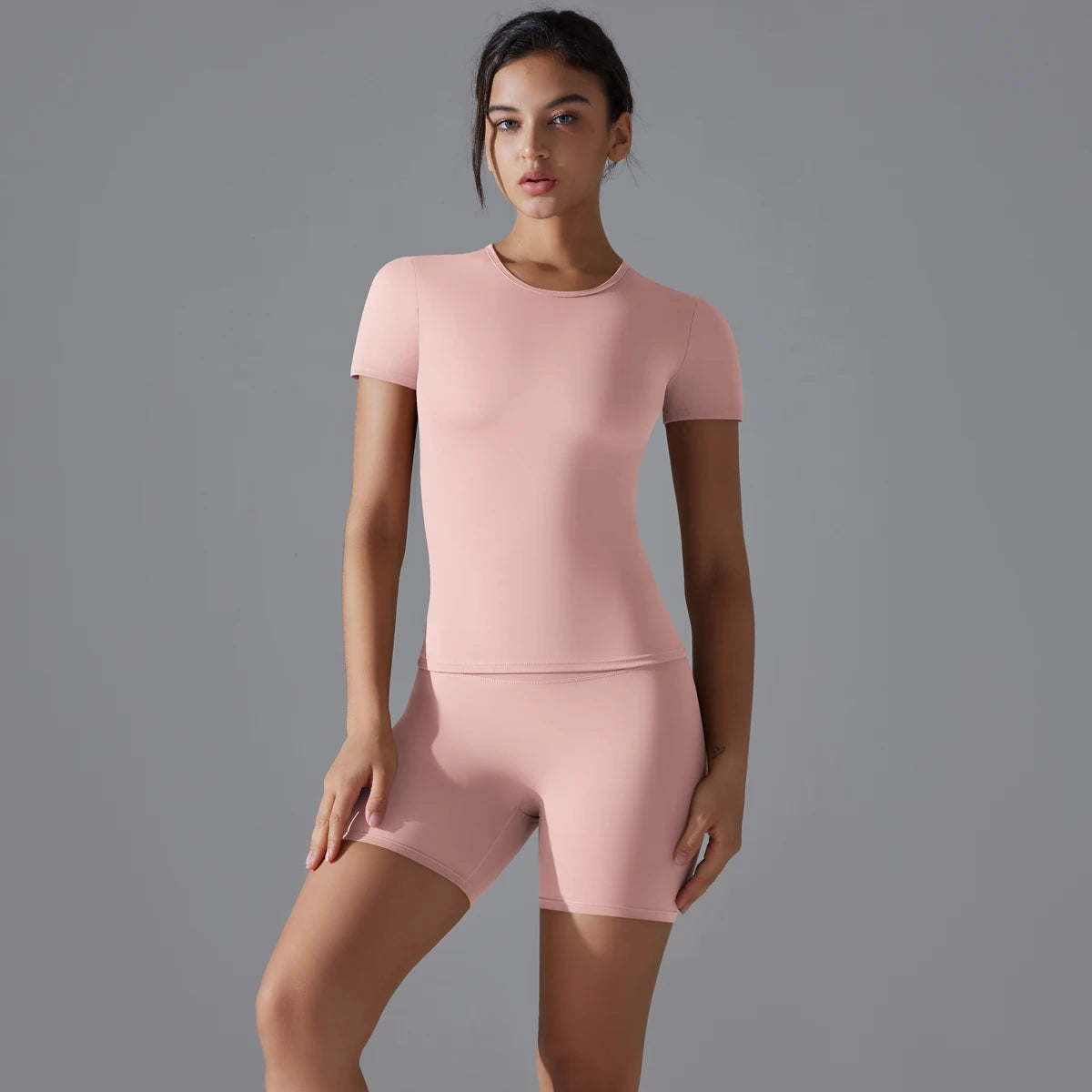 Yoga Set Women Sports Short Sleeve Top With High Waist Leggings