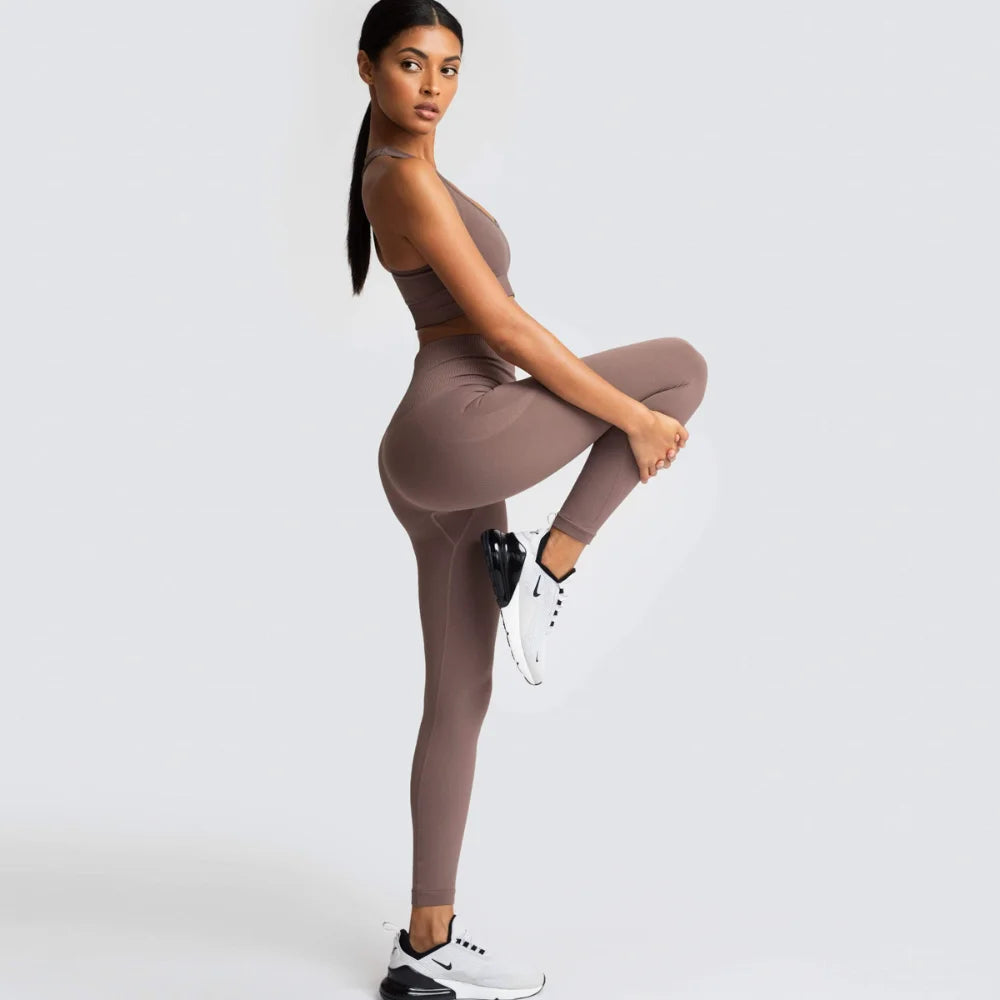 Women's Seamless Yoga Set Fitness Crop Top & Tummy Control High Waist Leggings with Built-in Bra Workout