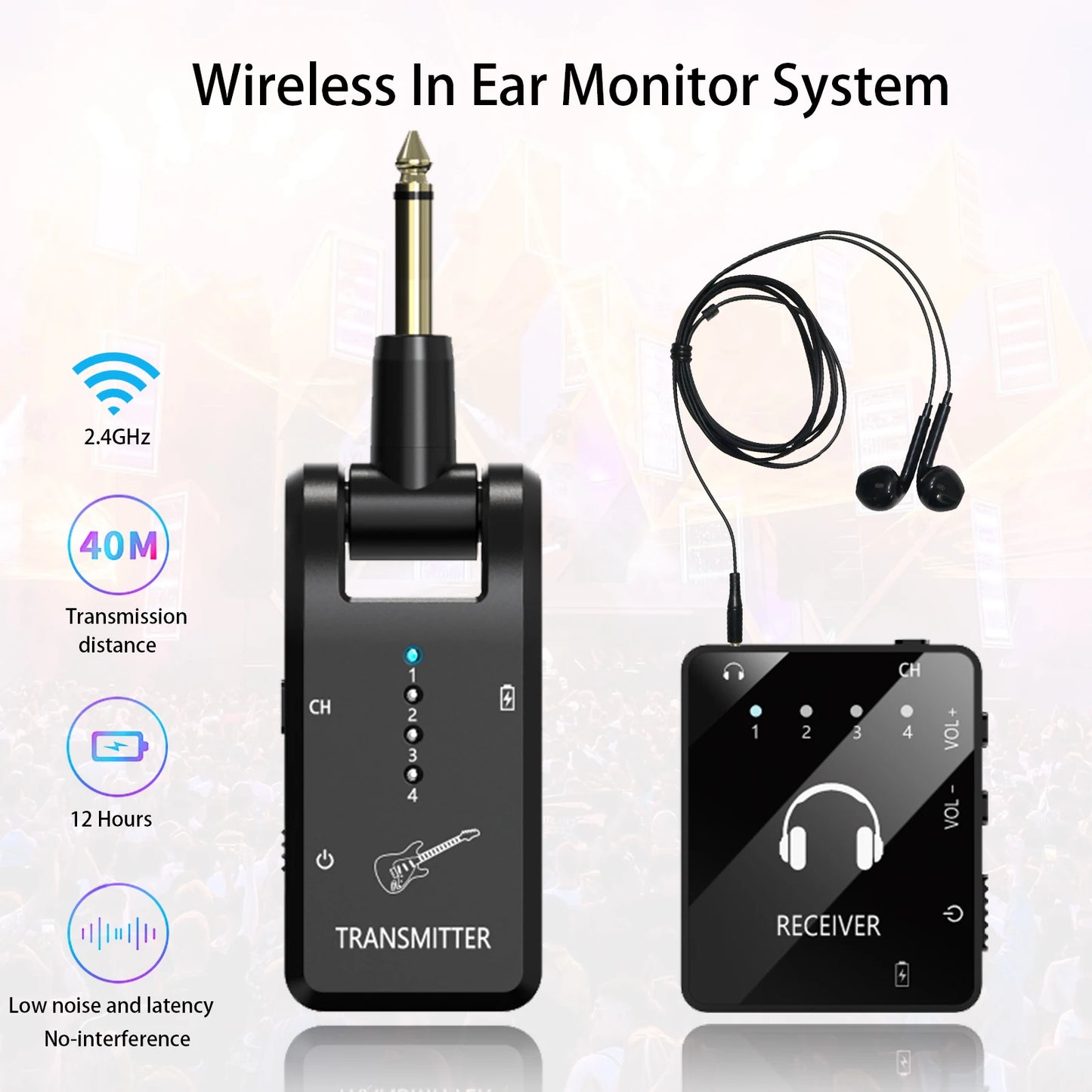 Wireless In Ear Monitoring System, 2.4GHz Wireless IEM System with Transmitter and Lavalier Receiver, for Band Rehearsal