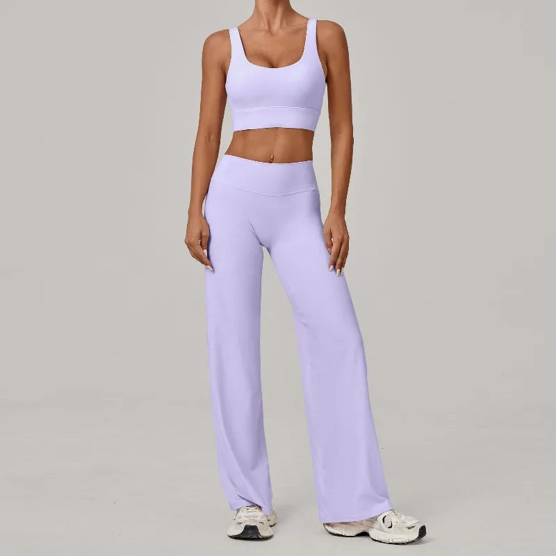 New Women Yoga Set Double Strap Bra Straight Leg Pants Quick Dry Gym Fitness Workout Clothes Outdoor Running Sports Set