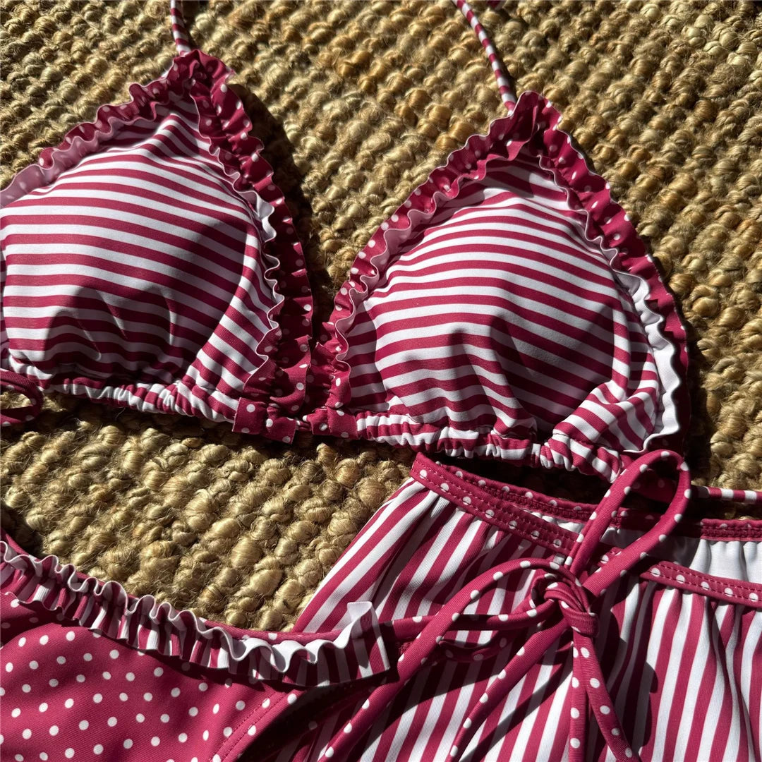 New Striped Polka Dot Halter Shorts Bikini Female Swimsuit Women Swimwear Three-pieces Bikini set Bather Bathing Suit Swim V6384