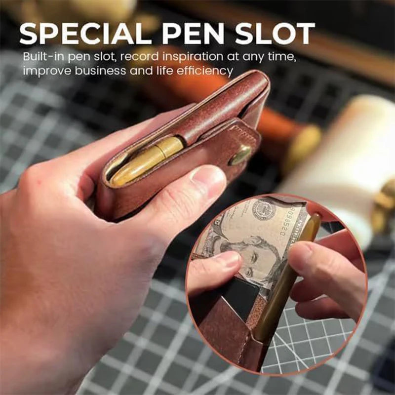 Multifunctional Compact Wallet,Handmade Leather Card Holder/Wallet,Small Slim Thin Compact Credit Card Wallet,Built-In Pen Slot