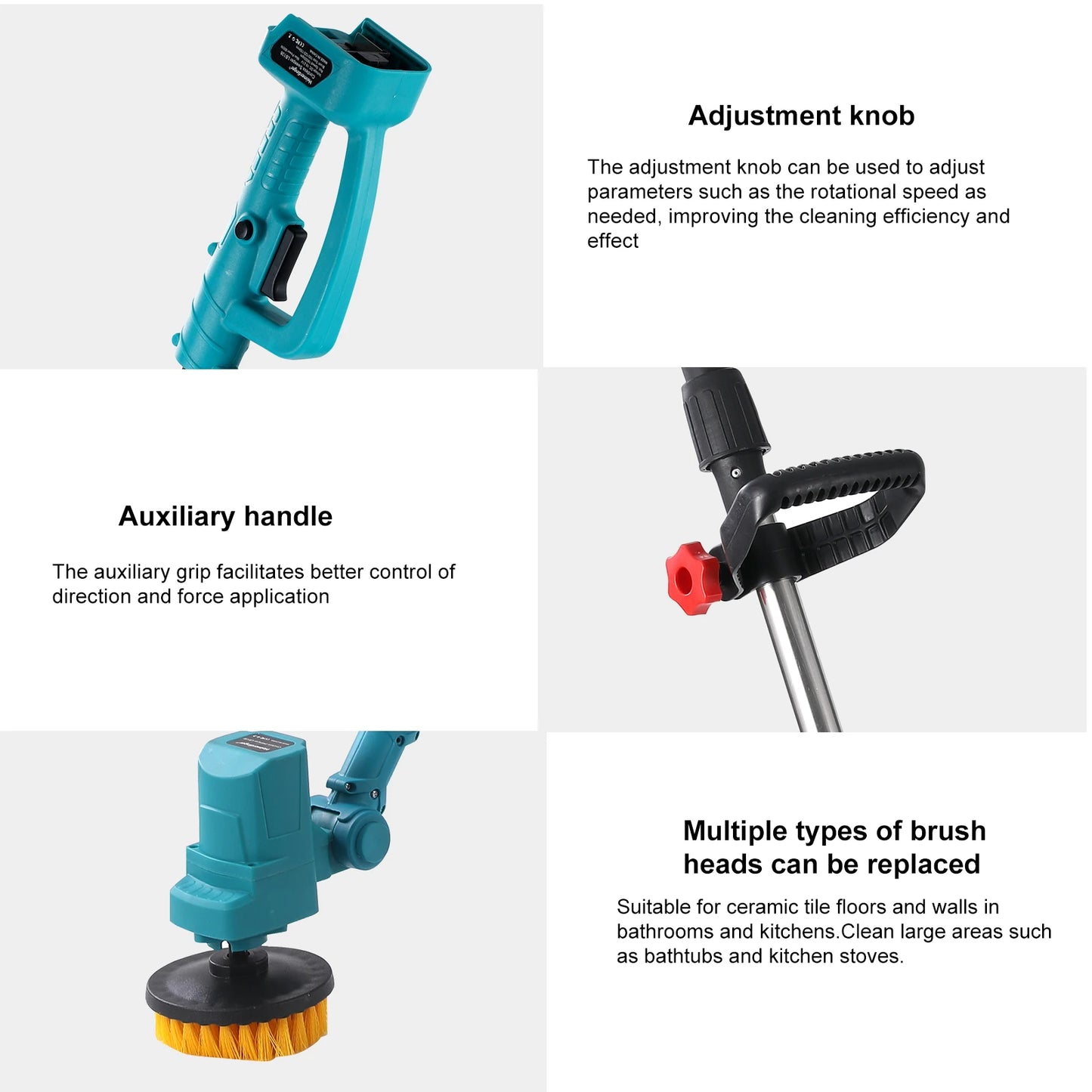 Cordless Cleaning Brush Multi-Surface Adjustable Speed 60dB Quiet Interchangeable Brush Heads for Kitchen Bathroom, No battery