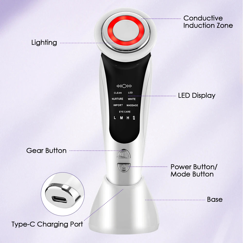 7 in 1 EMS Facial Massager Face Beauty Instrument with Induced Vibration and Hot Compress Face Skin Care Tool LED Light Therapy