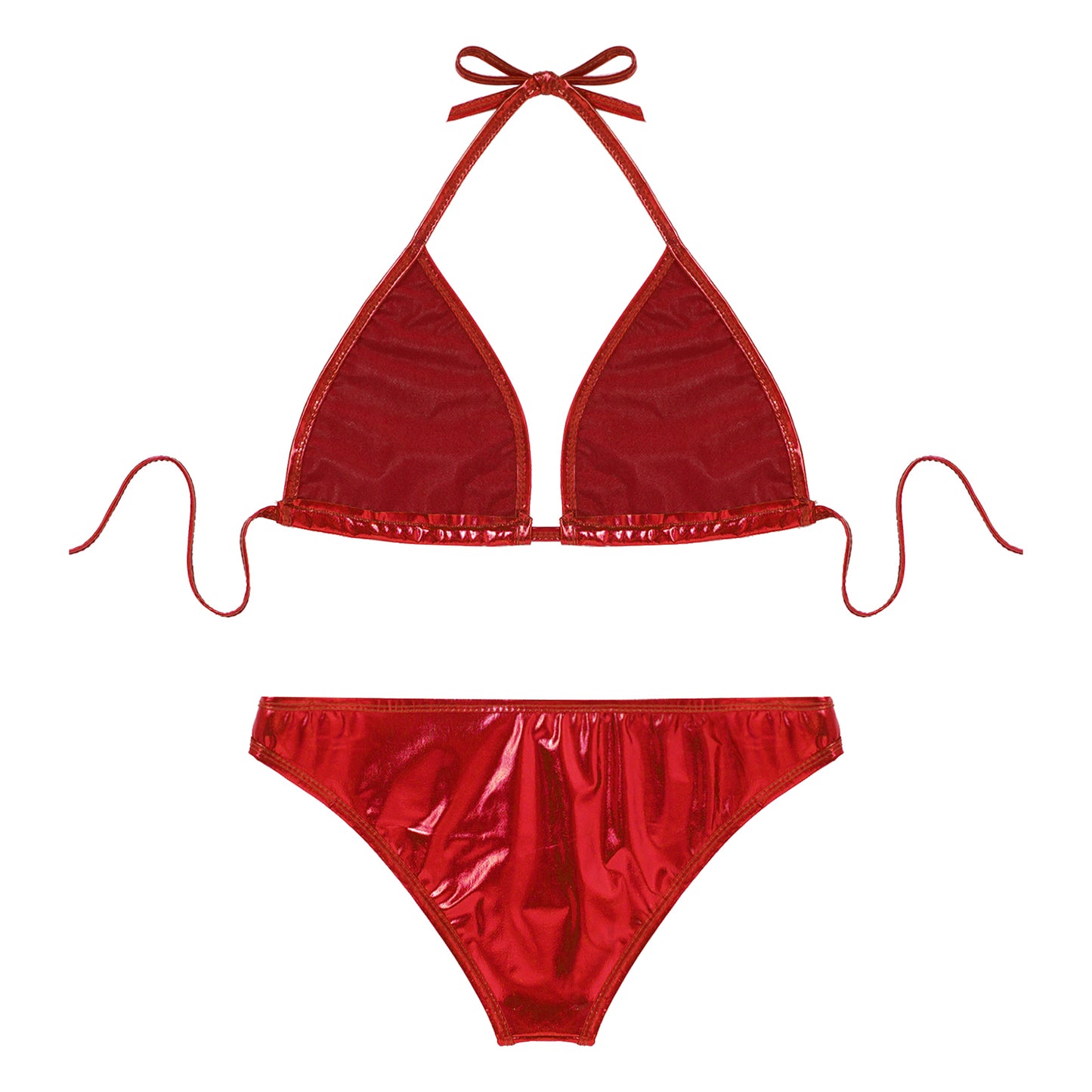 Womens Metallic Shiny Bikini Swimwear Pool Party Swimming Bathing Suit Halter Lace-up Bra with O Ring Briefs Bikini Swimsuit