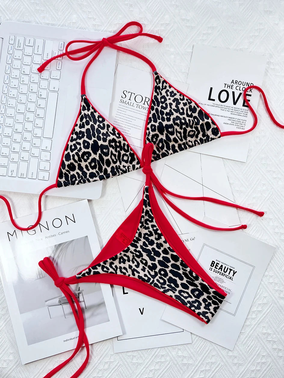 Sexy Leopard Micro Bikini 2023 Women Swimsuit Female Swimwear Thong Bikinis Set Brazilian Halter Beach Wear Lace Up Bathing Suit
